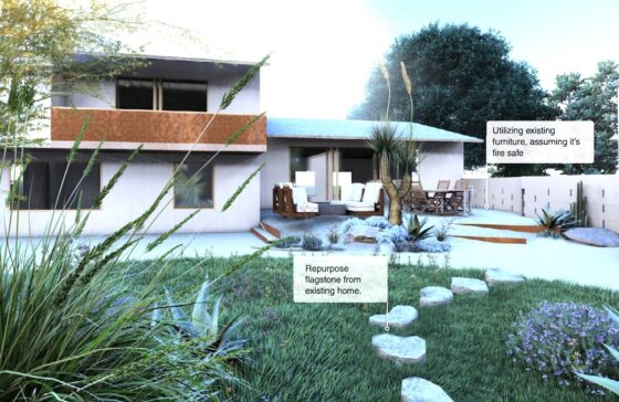 Front yard of house showing landscaping, with two text labels reading Utilize existing furniture assuming it is safe and Repurpose flagstone from existing home