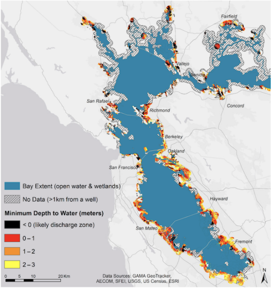 Map of Bay Area with colors showing depth of sea level rise along coastlines